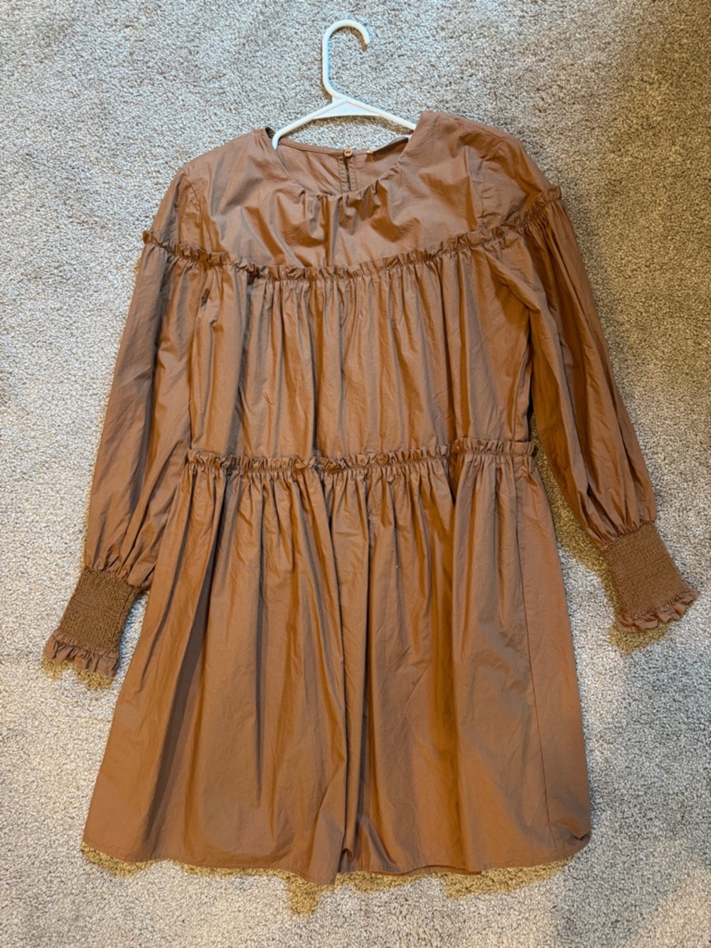 Mango Brown Tiered Long-Sleeve Smocked-Wrist Dress